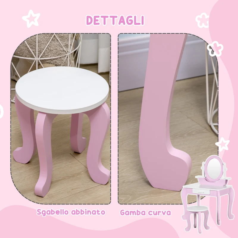 ZONEKIZ Set Toeletta Trucco per Bambini con Tavolino con Specchi e Sgabello, Età 3-6 Anni, Rosa