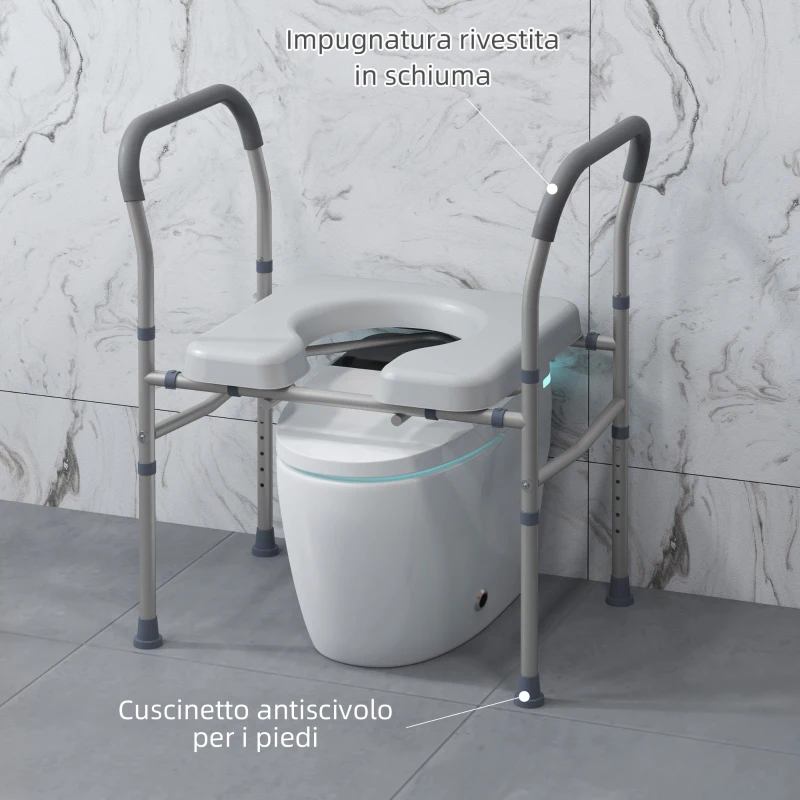 HOMCOM Sedia Comoda WC per Anziani e Disabili 4 in 1 Regolabile in Altezza con Braccioli Imbottiti, Grigio