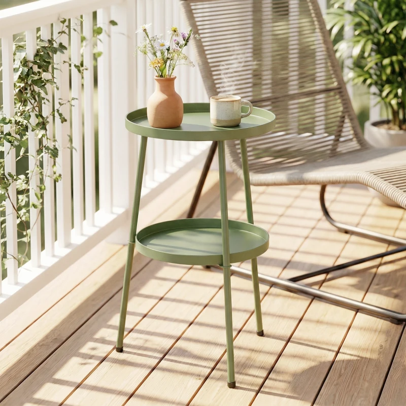 Outsunny Patio Side Table, 2-Tier Round Coffee End Table for Garden Balcony Living Room Bedroom, Light Green