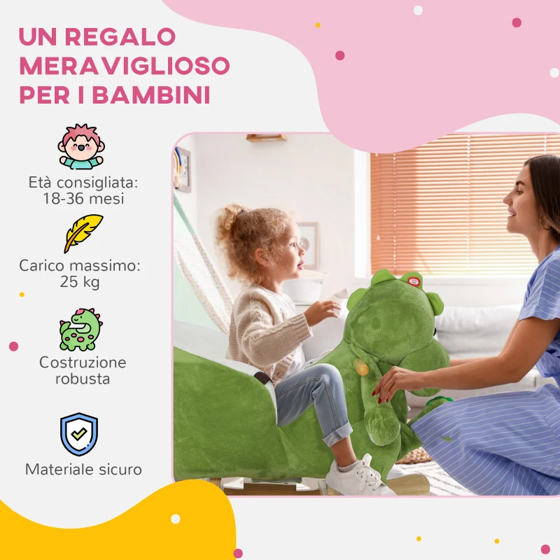 AIYAPLAY Cavallo a Dondolo per Bambini 18-36 Mesi a Dinosauro con Suoni e Rivestimento Morbido, Verde