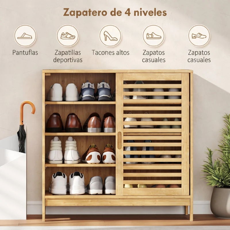 HOMCOM Zapatero con 2 Puertas Correderas de Lamas Estantes Ajustables para 16 Pares de Zapatos 80x35x80 cm Natural
