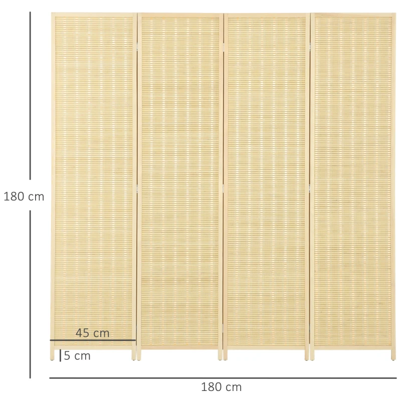 HOMCOM Paravento da Interno a 4 Ante Pieghevole in Legno e Bambù Altezza 180cm, Colore Naturale