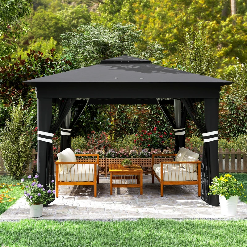 Outsunny 3.36 x 3.36m Pop Up Gazebo Party Tent with Solar-Powered LED Lights, Adjustable Event Shelter with Netting, Black