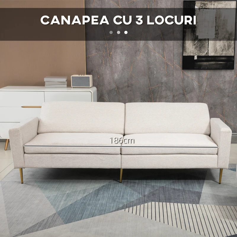 HOMCOM Canapea extensibilă 3 locuri din material textil, cu suport pentru picioare și spătar reglabil în 5 poziții, 213x91x83cm, crem(m-5)