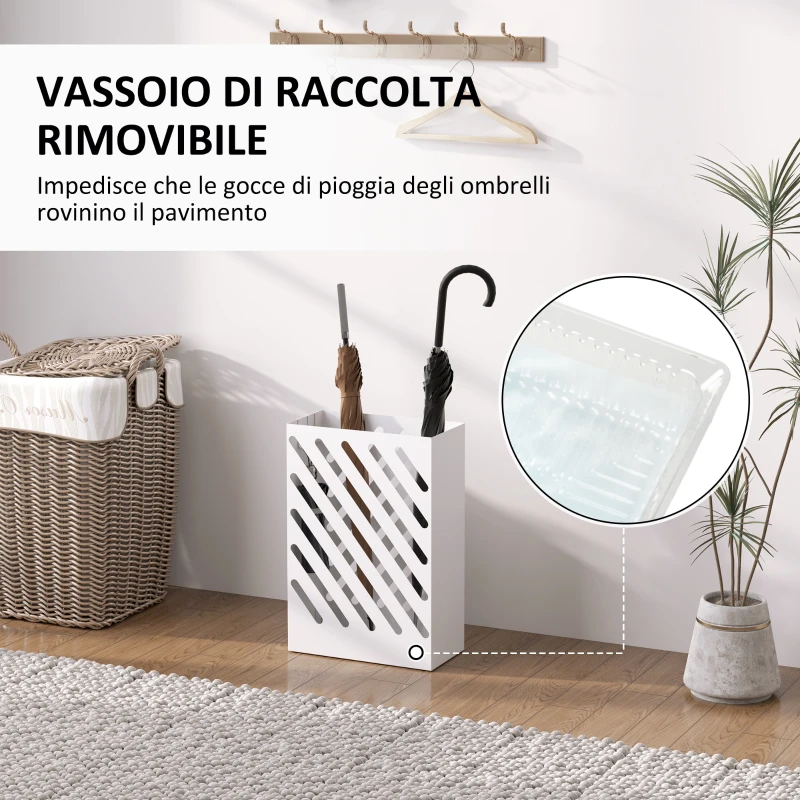 HOMCOM Portaombrelli di Design con Vaschetta Raccogli Gocce e 4 Ganci in Metallo, 28x14x41 cm, Bianco