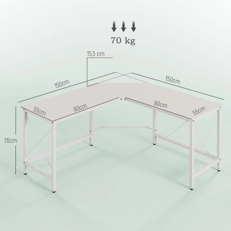 HOMCOM Scrivania Angolare a L con Piedini Regolabili, in Legno e Acciaio, 150x150x76 cm, Bianca