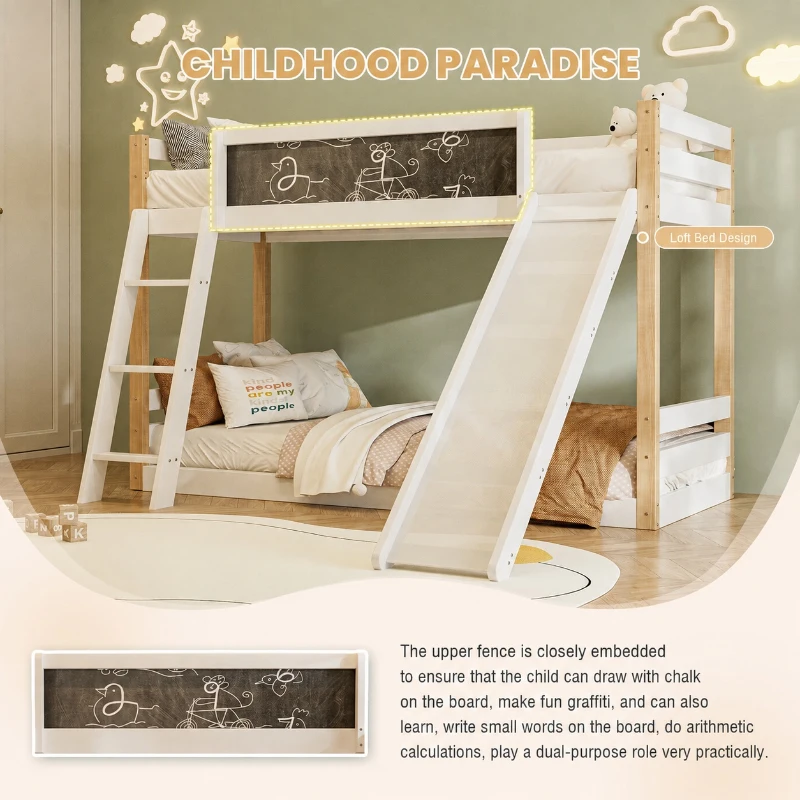 Modern High Sleeper Bunk Bed Frame with Slide and Storage Stairs, Solid Wooden Childrens Loft Bed with Safety Guardrails, 194L x 124W x 148H cm, White