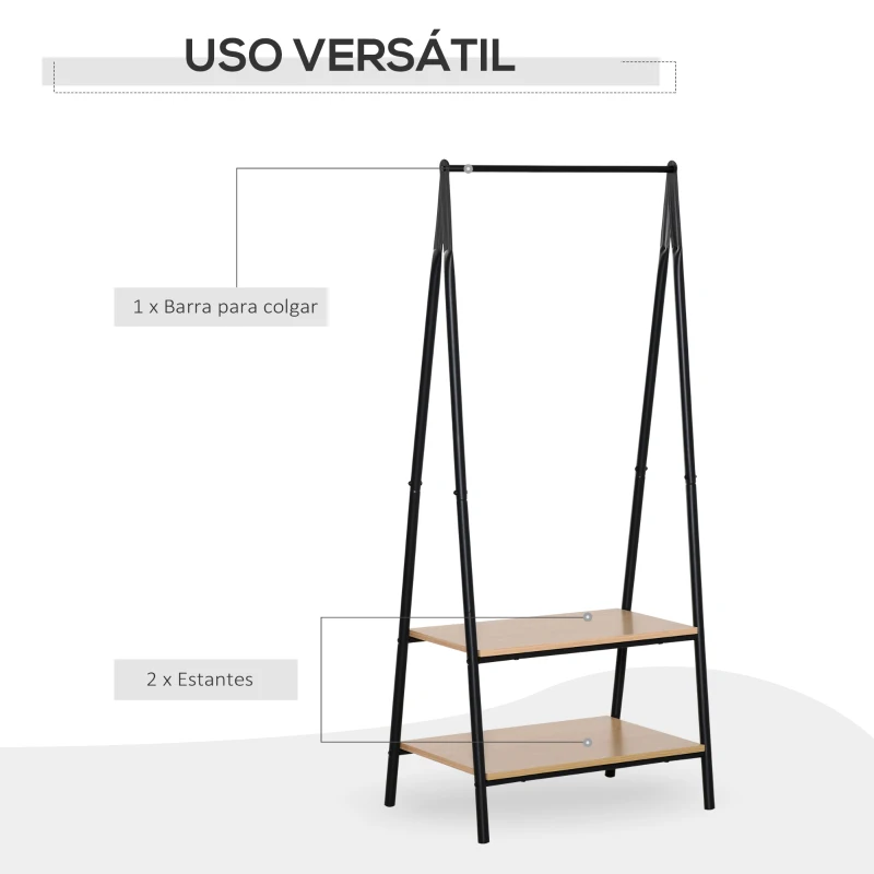 HOMCOM Perchero de Ropa Perchero de Pie con 2 Estantes de Almacenamiento Barra para Colgar y Marco de Acero 64x42,5x149cm Negro