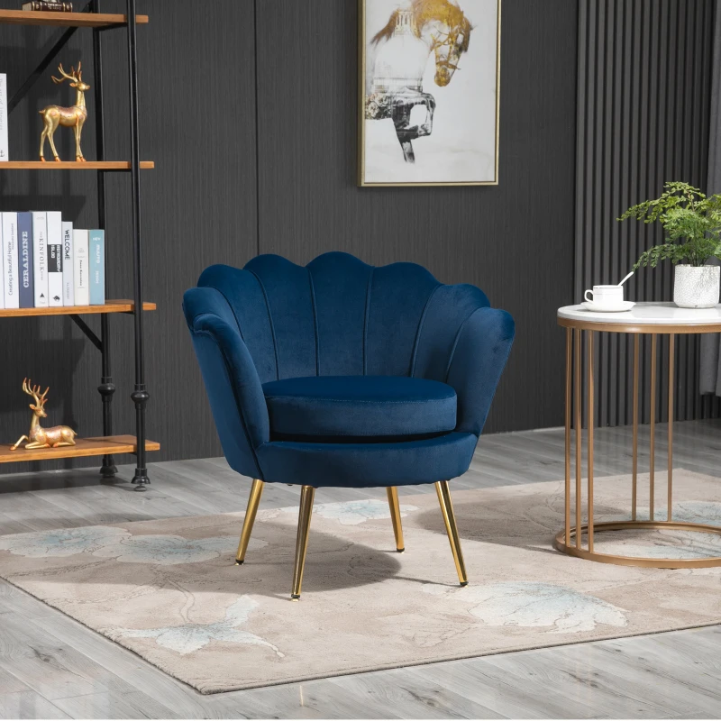 HOMCOM Fauteuil salon fauteuil en velours fauteuil coquillage avec pieds en métal doré pour chambre à coucher, bleu