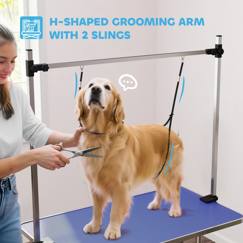 PawHut 42" Dog Grooming Table, Adjustable Pet Cat Drying Beauty Table with 2 Loops Storage Basket, Rubber Top, Blue