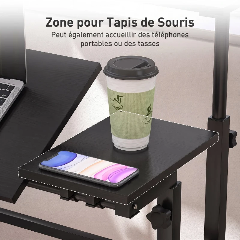 HOMCOM Bureau assis debout bureau réglable en hauteur 70 x 60 cm à roulettes avec plateau inclinable cadre en métal noir