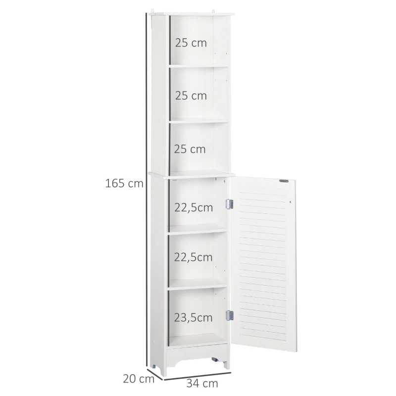 HOMCOM Colonna Bagno con Ripiano a 3 Livelli e Armadietto Chiuso, in MDF e Truciolato, 34x20x165 cm, Bianco