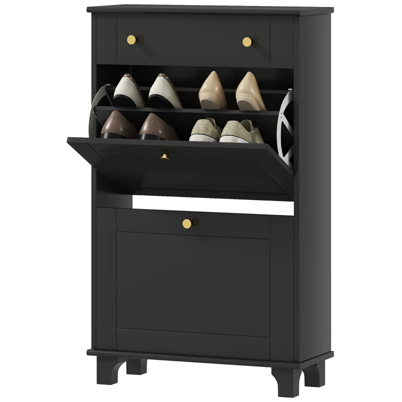 HOMCOM Meuble chaussure entrée étroit avec tiroirs à portes abattants et étagère réglable, 60 x 23,5 x 98,5 cm, noir(m-12)