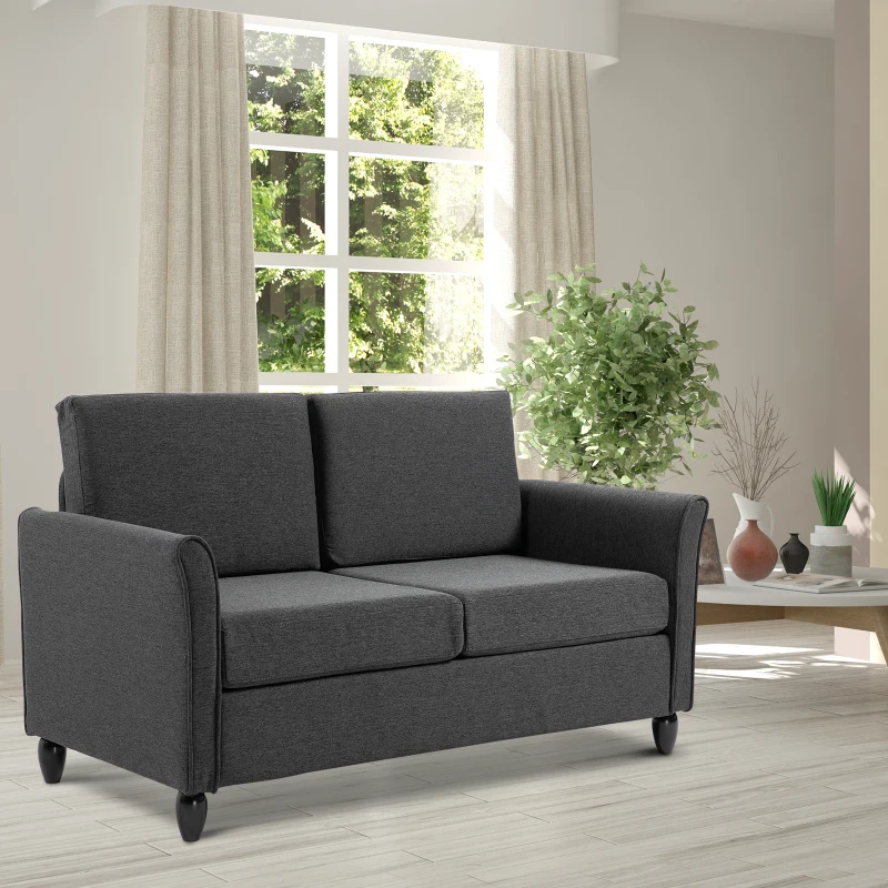 HOMCOM Divano a 2 Posti a Seduta Ampia con Cuscini Rimovibili da Salotto in Tessuto Effetto Lino e Gommapiuma, 141x70x78 cm, Grigio scuro e Nero