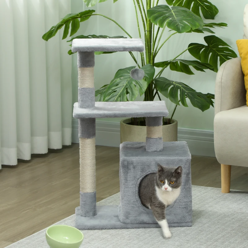 PawHut Tiragraffi per Gatti con Casetta, 2 Piattaforme e Pallina, in Legno, Sisal e Peluche, 50x30x81.5 cm, Grigio