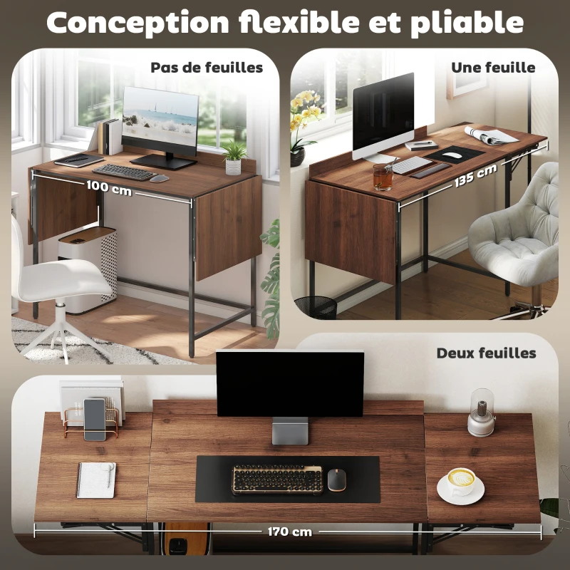 HOMCOM Bureau pliant table d'ordinateur 2 rabats pliables pour 2 écrans, pour chambre, petits espaces, 170 x 58 x 78 cm noyer