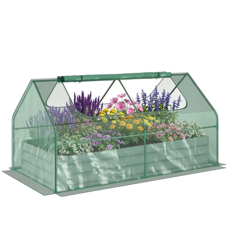 Outsunny Raised Garden Bed with Greenhouse, Steel Planter Box with Plastic Cover, Roll Up Window, Dual Use for Flowers, Vegetables, Fruits and Herbs, 185L x 95W x 92H cm, Green
