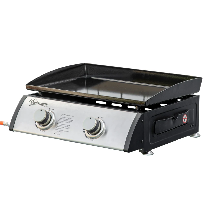 Outsunny Gas Plancha Barbecue Grill with 2 Stainless Steel Burner, 5kW, Portable Tabletop Gas BBQ with Non-Stick Griddle for Camping Picnic Garden Party Festival