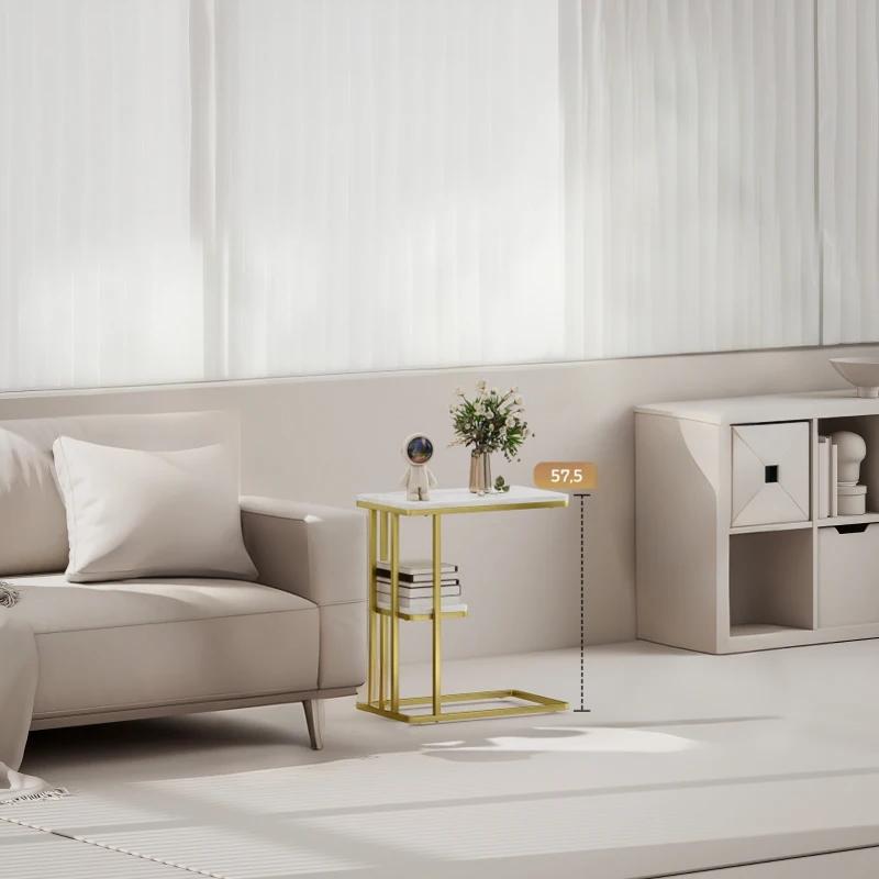 HOMCOM Mesa Auxiliar Estructura en C Estrecha con Estante Mesita de Noche Moderna 50x30x57,5 cm Blanco Efecto Mármol