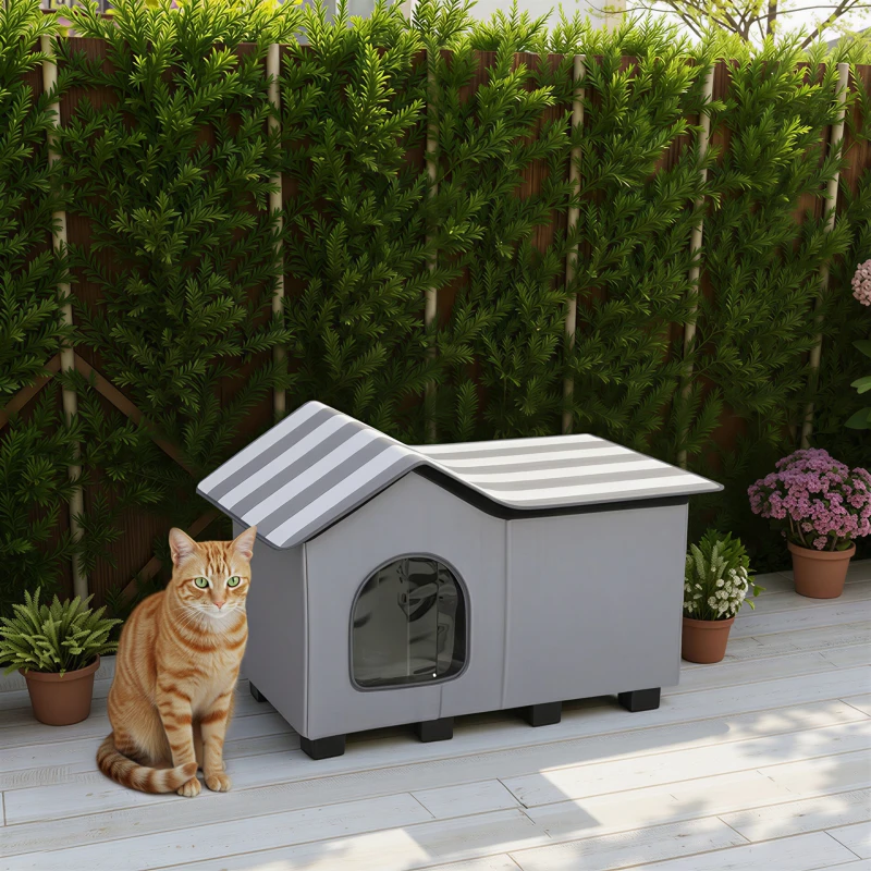 PawHut Outdoor Cat House, Weather Resistant Feral Cat Cave with Elevated Base and Cushion for Winter, Grey