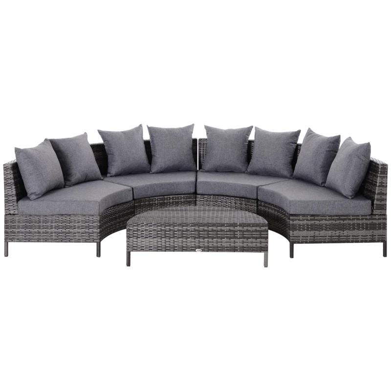 Outsunny 5 Pieces Rattan Garden Furniture Set, 4 Seater Half-Round Garden Sofa Set with Thickened Cushions, Wicker Conservatory Furniture with 4 Chairs, Rattan Coffee Table and Pillows, Grey