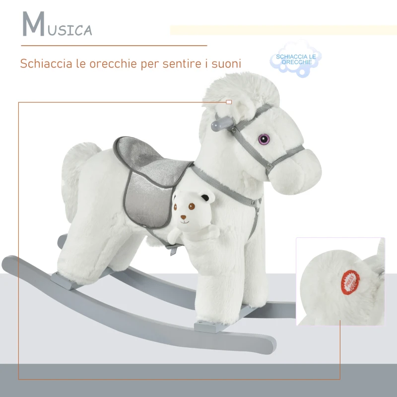 HOMCOM Cavallo a Dondolo con Suoni e Orsetto Incluso per Bimbi da 18-36 Mesi