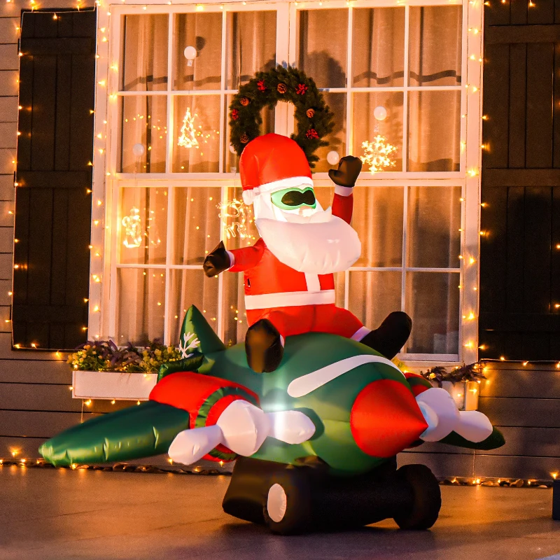 HOMCOM Babbo Natale Gonfiabile su Aereo 160cm con Luci LED Integrate, Decorazione Natalizia da Esterno