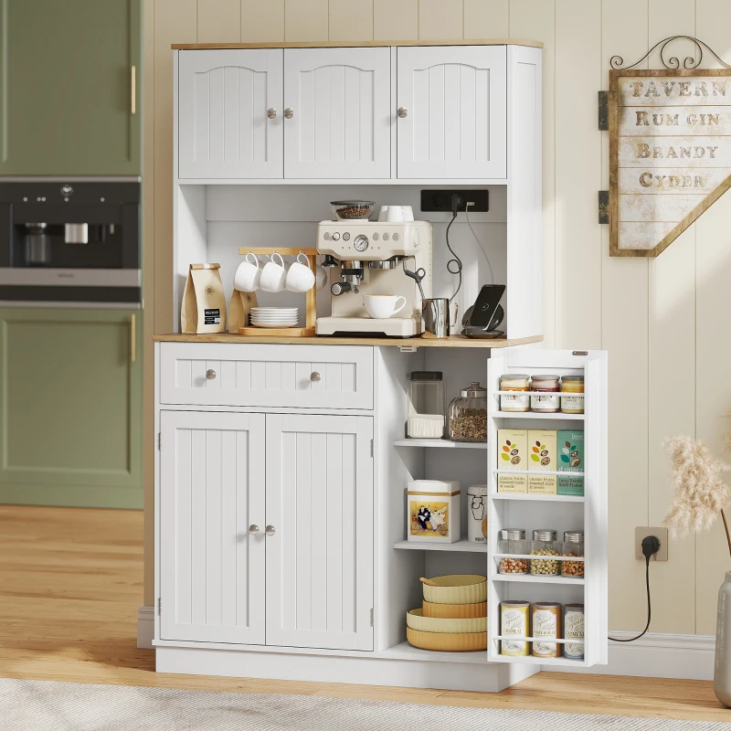 HOMCOM Credenza da Cucina Alta 173 cm con Stazione di Ricarica, Piano per Microonde, Ripiani Regolabili, 4 Rastrelliere per Spezie, Bianco