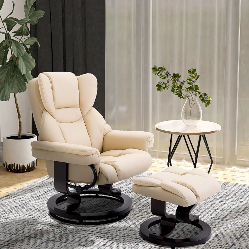 HOMCOM 360° Swivel Recliner Chair with Footstool, PU Leather Manual Recliner Armchair with Footstool, Solid Wood Base, Upholstered Reclining Chair for Living Room, Bedroom, Office, Cream