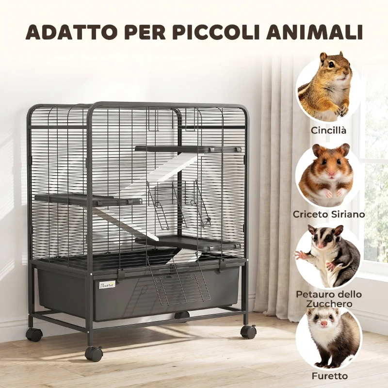 PawHut Gabbia per Conigli in Acciaio a 4 Livelli con Piattaforme, Rampe, Ruote, Serbatoio Acqua e Vassoio Rimovibile, Nero