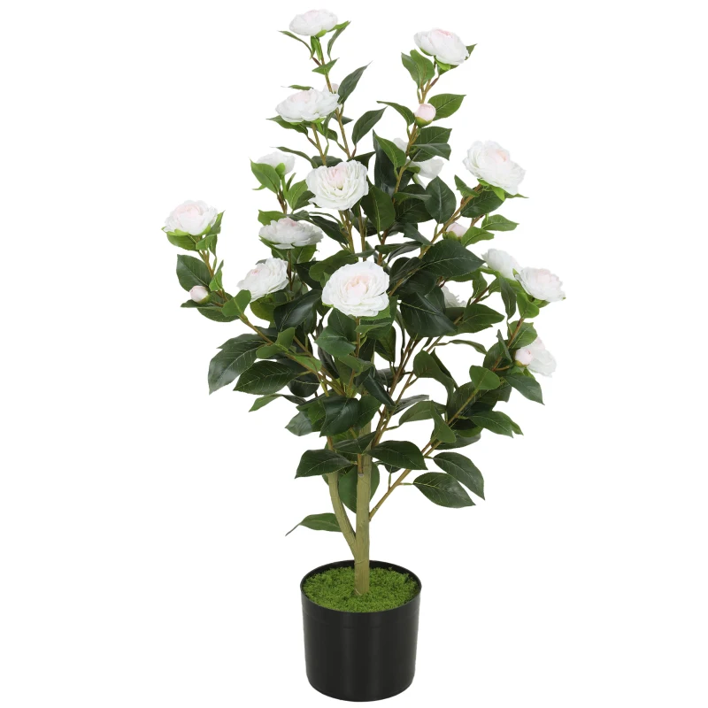 HOMCOM Plantă Artificială Camelie, Flori Realiste, 176 Frunze PEVA, Ghiveci PP, Alb