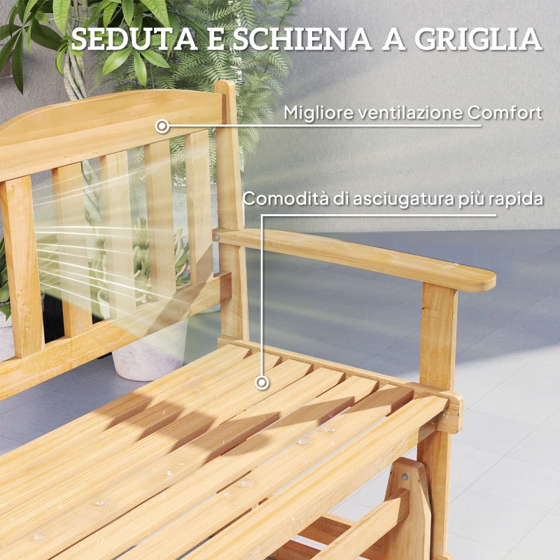 Outsunny Panchina da Giardino a Dondolo da 2 Posti con Braccioli in Legno di Abete, 132x51x95.5cm, Colore Legno