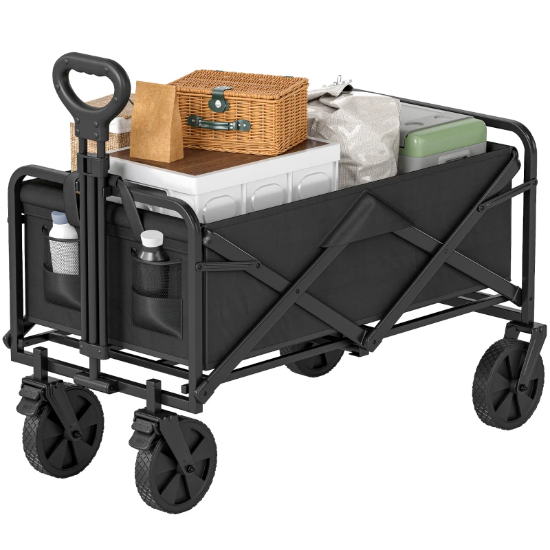 Outsunny Folding Steel Frame Garden Storage Cart, with Wheels and Handle - Black