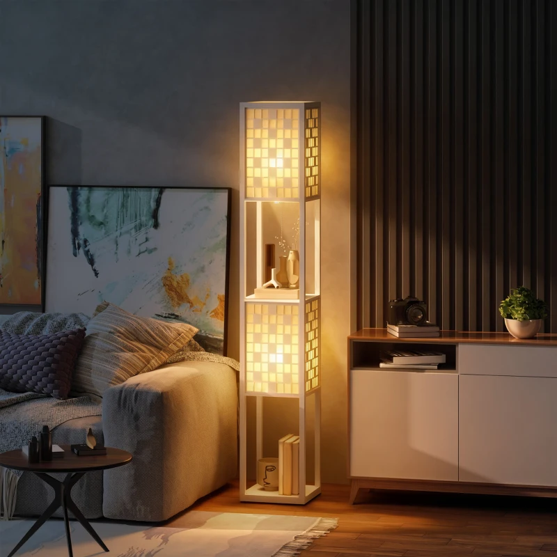 HOMCOM Stehlampe, Gittermuster, 2-Ebenen-Regale, für verschiedene Glühbirnen, Weiß