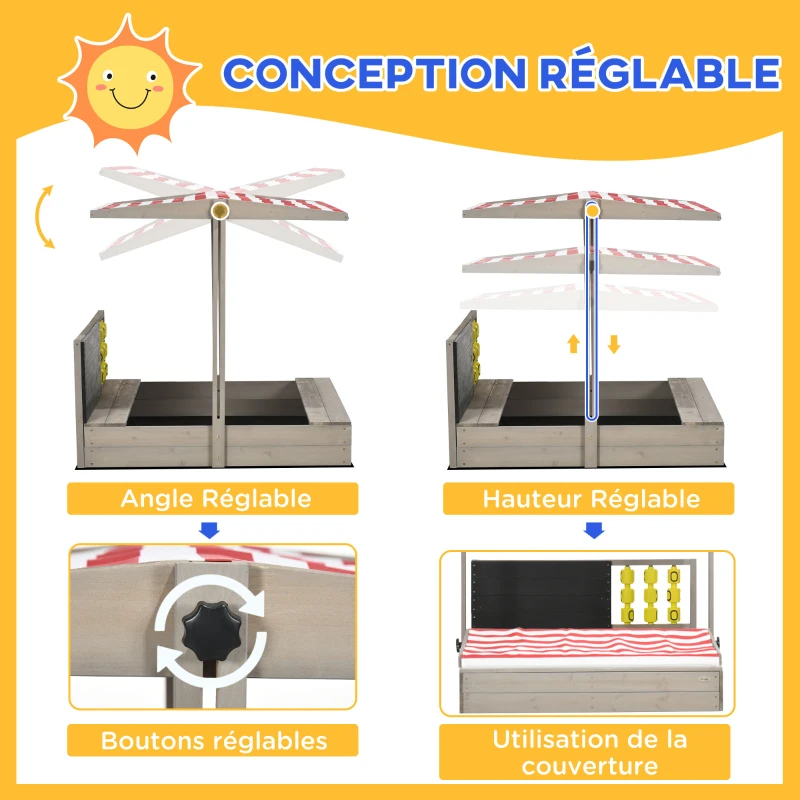 Outsunny Bac à sable carré en bois pour enfants avec bancs toit réglable tableau et jeux  114 x 113 x 110 cm gris