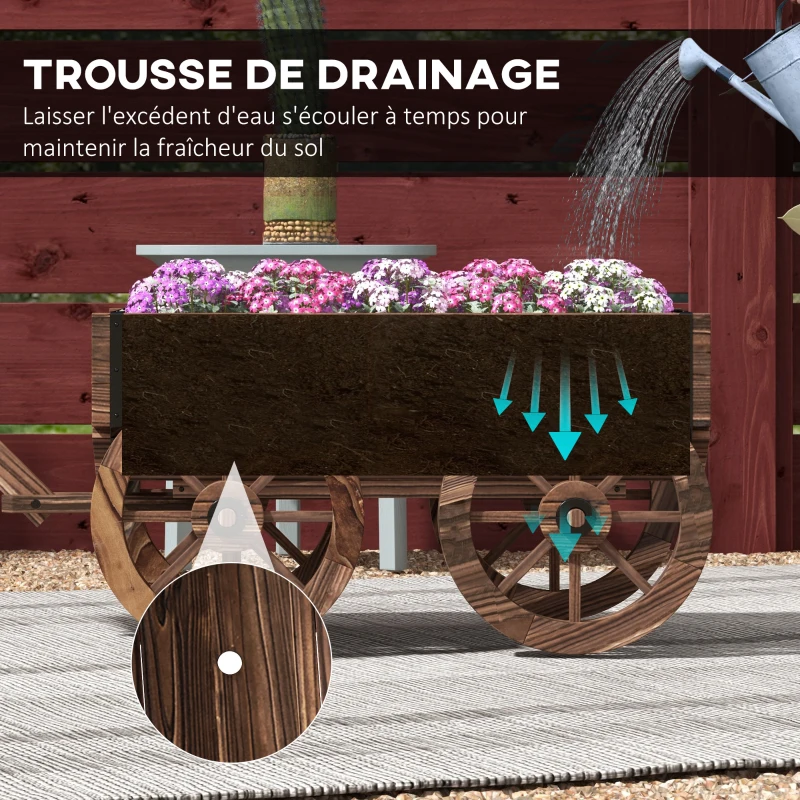 Outsunny Chariot à fleurs en bois avec roues et poignée, bac à fleurs, brouette avec trous de drainage, 120 x 41 x 54 cm, marron