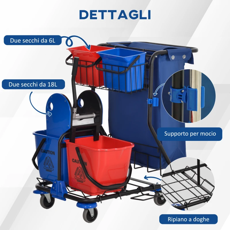 HOMCOM Carrello Pulizie con Sacco per Immondizia, 4 Secchi e Strizzatore per Mocio, 93x80x97 cm, Rosso Blu e Nero