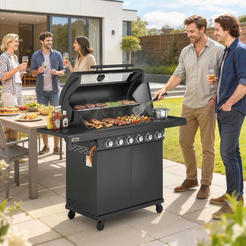 Outsunny 6+1 Burner Gas BBQ Grill, Outdoor Barbecue Trolley with Wheels, Warming Rack, Thermometer, Bottle Opener, Black
