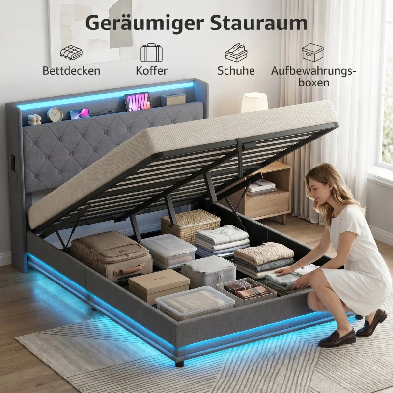 HOMCOM Bettgestell 140 x 200 cm mit Kopf- und Fußteil, Plattformbett mit hydraulischem Stauraum, LED-Lichtern