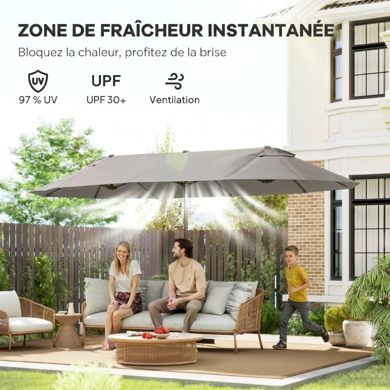 Outsunny Grande Parasol de Jardin Exterieur 4,6 x 2,7 m avec Pied en Croix, Parasol Double avec Manivelle, pour Terrasse, Café