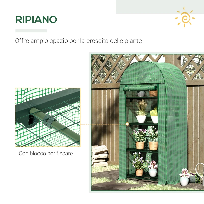 Outsunny Serra da Giardino con Ripiani in Metallo, Copertura in PE e Porta Avvolgibile 80x49x160cm, Verde