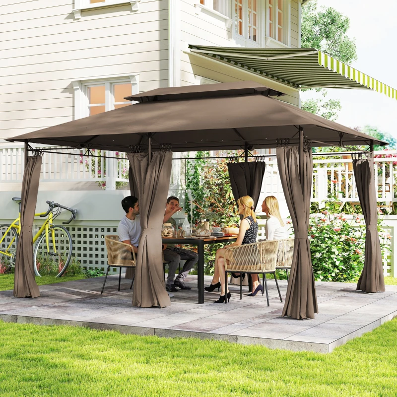 Outsunny Tonnelle de jardin extérieur pavillon 6 colonnes double toit 12 oeillets de drainage en métal 3x4m kaki