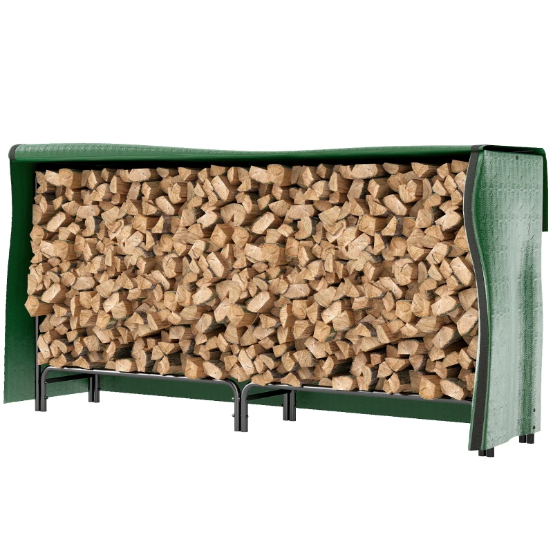 Outsunny Leñero con Cubierta Estante para Interior y Exterior Carga 200kg 200x36x99 cm Verde Oscuro y Negro