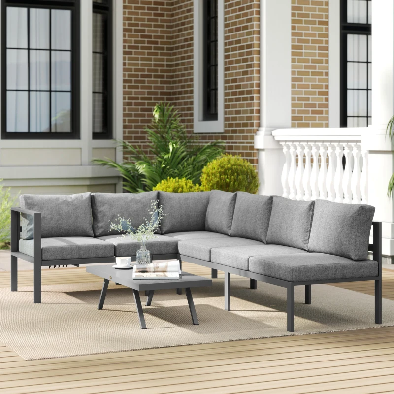 Outsunny 3 Pieces Garden Furniture Set, Aluminium Corner Lounge Set with Adjustable Backrest and Coffee Table