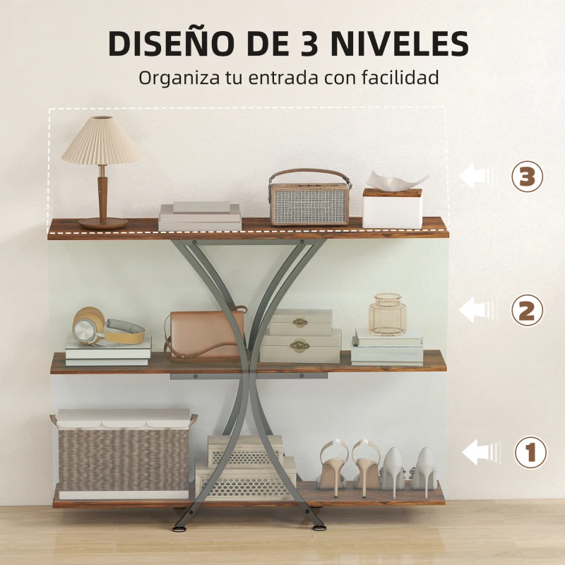 HOMCOM Mesa de Consola Mesa de Sofá con 2 Estantes Abiertos y Marco Metálico en X Estilo Industrial Marrón Rústico