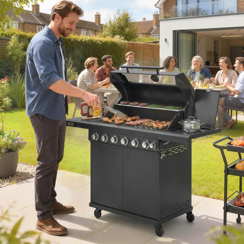 Outsunny 6+1 Burner Gas BBQ Grill, Outdoor Barbecue Trolley with Wheels, Warming Rack, Thermometer, Bottle Opener, Black