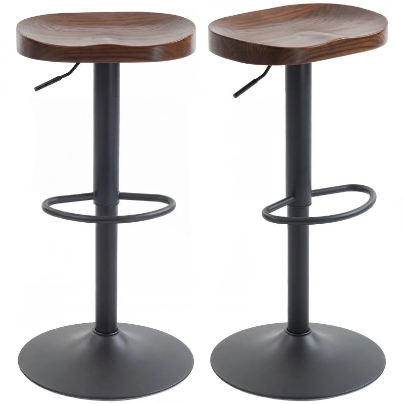 HOMCOM Barhocker Set aus 2, Höhenverstellbare Barstühle mit Sattelsitz aus Ulmenholz in Dunkelbraun