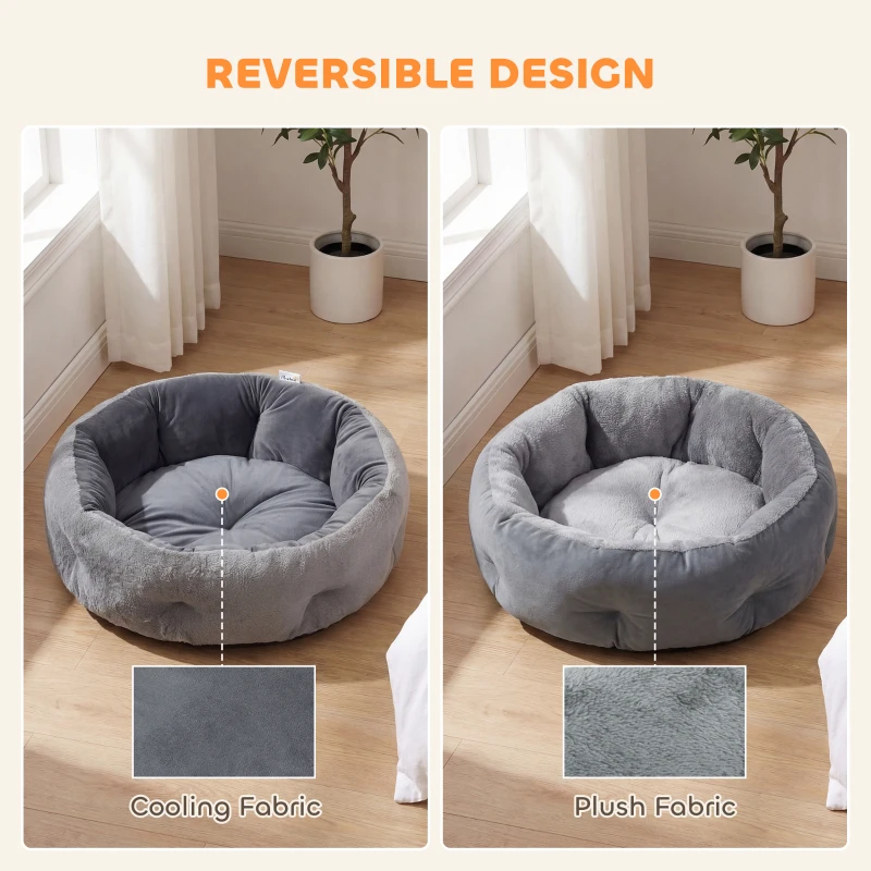 PawHut Cat Bed, Reversible Dog Pet Bed for Indoor Cats and Small Dogs, Round Bed with Supportive Bolster, Dark Grey