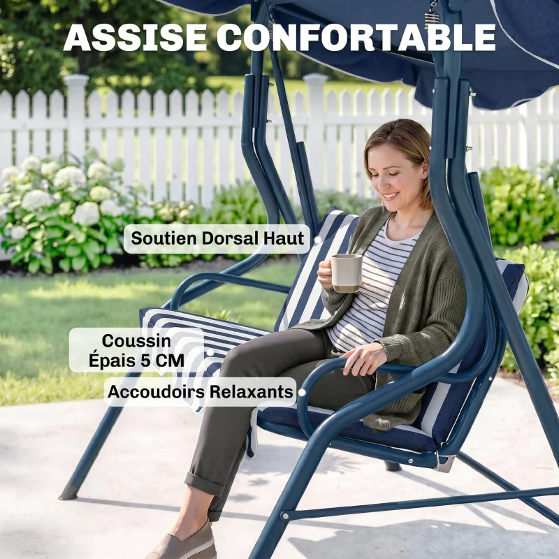 Outsunny Balancelle de Jardin 3 Places Toit imperméabilisé Inclinaison réglable Coussins Assise Dossier Bleu Blanc rayé
