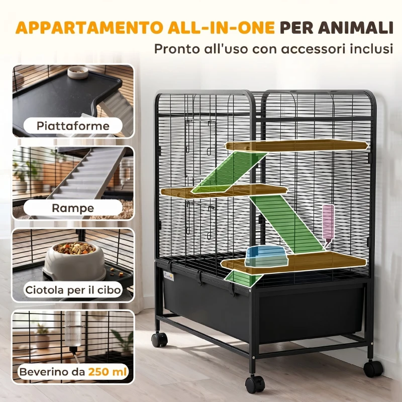 PawHut Gabbia per Conigli in Acciaio a 4 Livelli con Piattaforme, Rampe, Ruote, Serbatoio Acqua e Vassoio Rimovibile, Nero